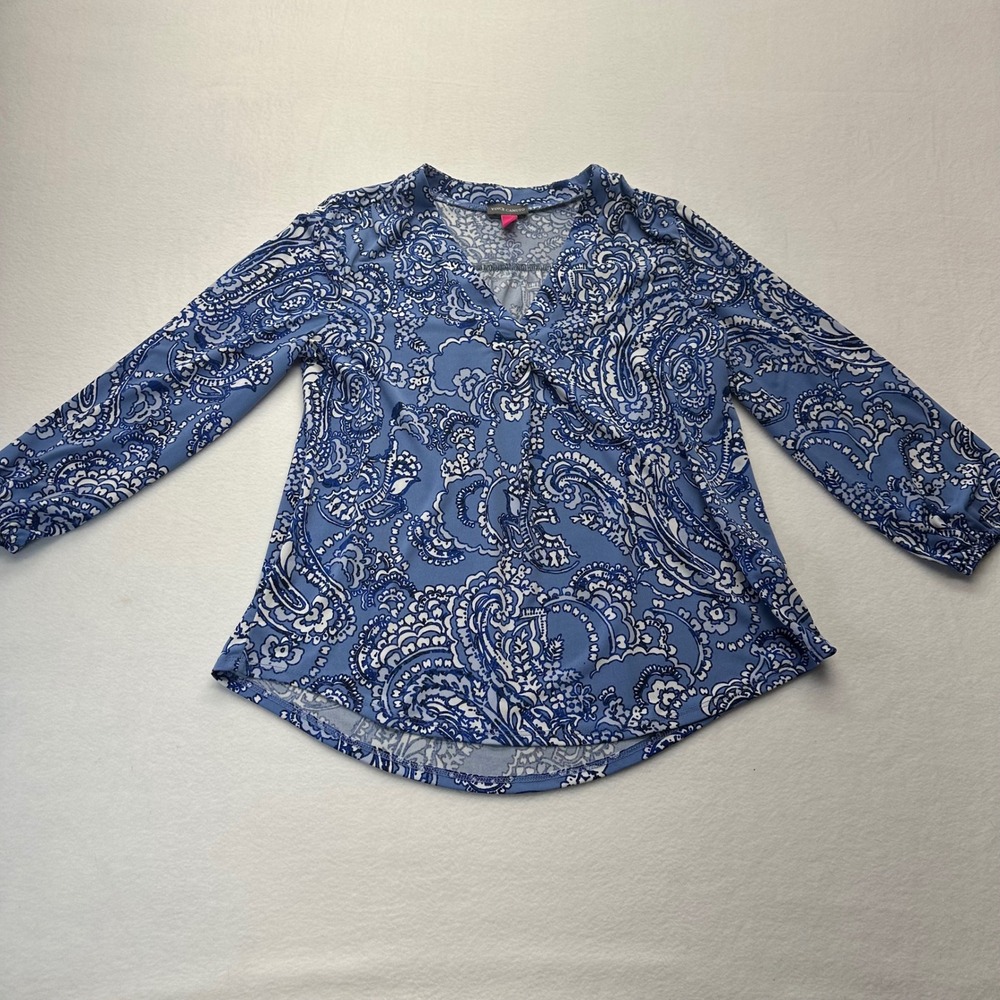 Vince Camuto Blue Paisley V Neck Long Sleeve Blouse Women's Small - Picture 3 of 7